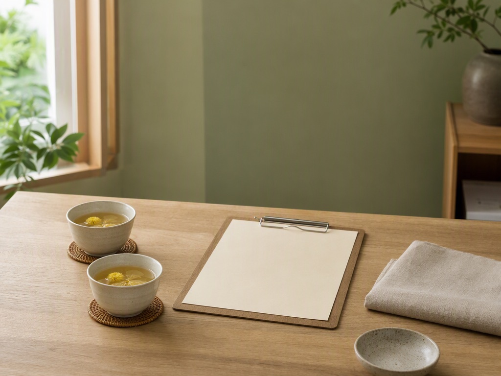 诊室一角：两只陶碗菊花茶放在编织杯垫上，木夹板上摊开一张空白纸，旁边是叠好的米色毛巾，鼠尾草绿的墙与橡木窗框