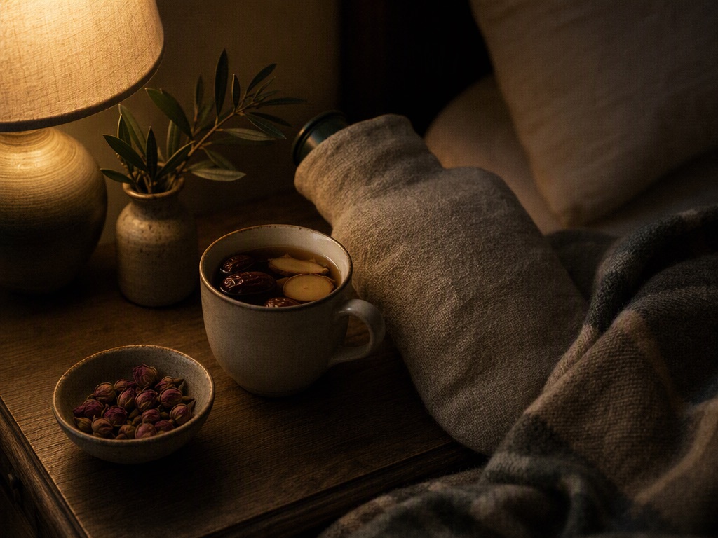 黄昏的床头柜：一只装着红枣姜茶的陶杯、一个裹着亚麻套的热水袋、一碟干玫瑰花蕾和一条叠好的毛毯，暖灯在一侧