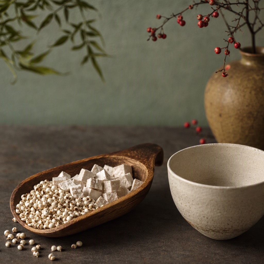 木勺里的薏苡仁与茯苓块。