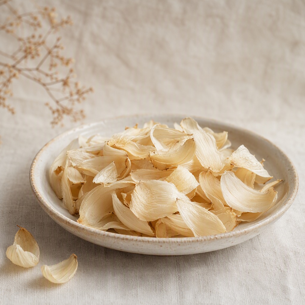 干百合鳞片：乳白微透的弯月形薄片。