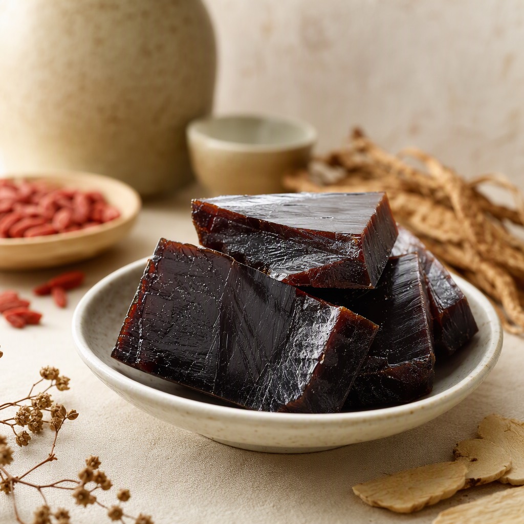 阿胶块：深黑褐色玻璃样光泽的方块。