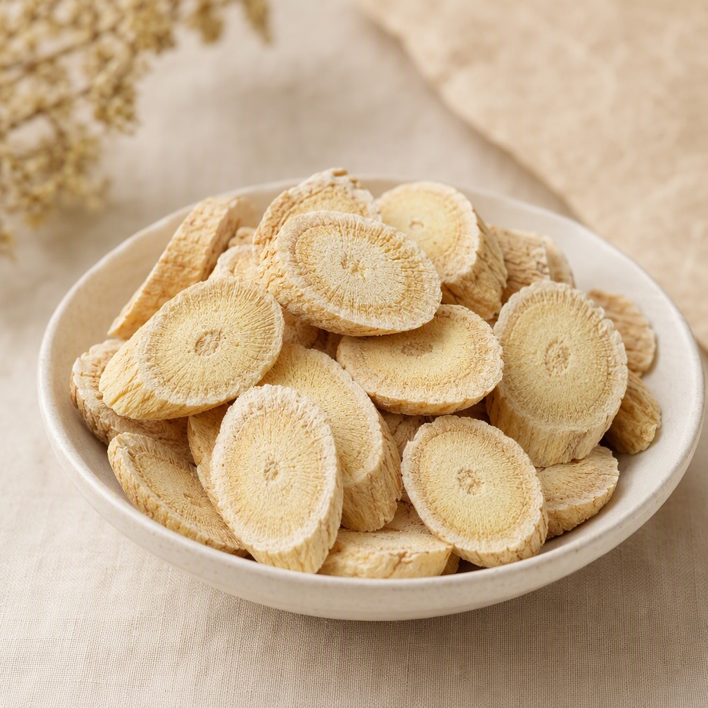 黄芪饮片：淡黄色斜切圆片，纤维状环纹明显。