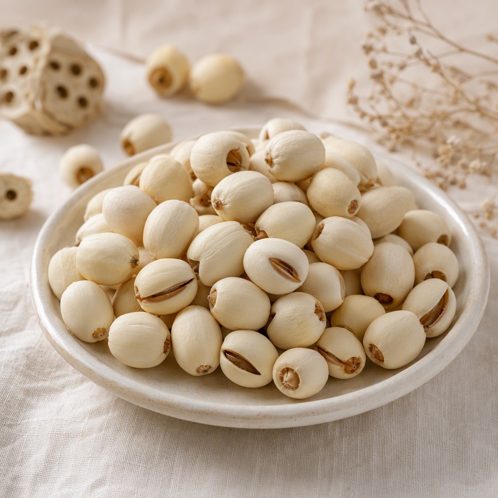 莲子：乳白椭圆形，顶端带褐色。