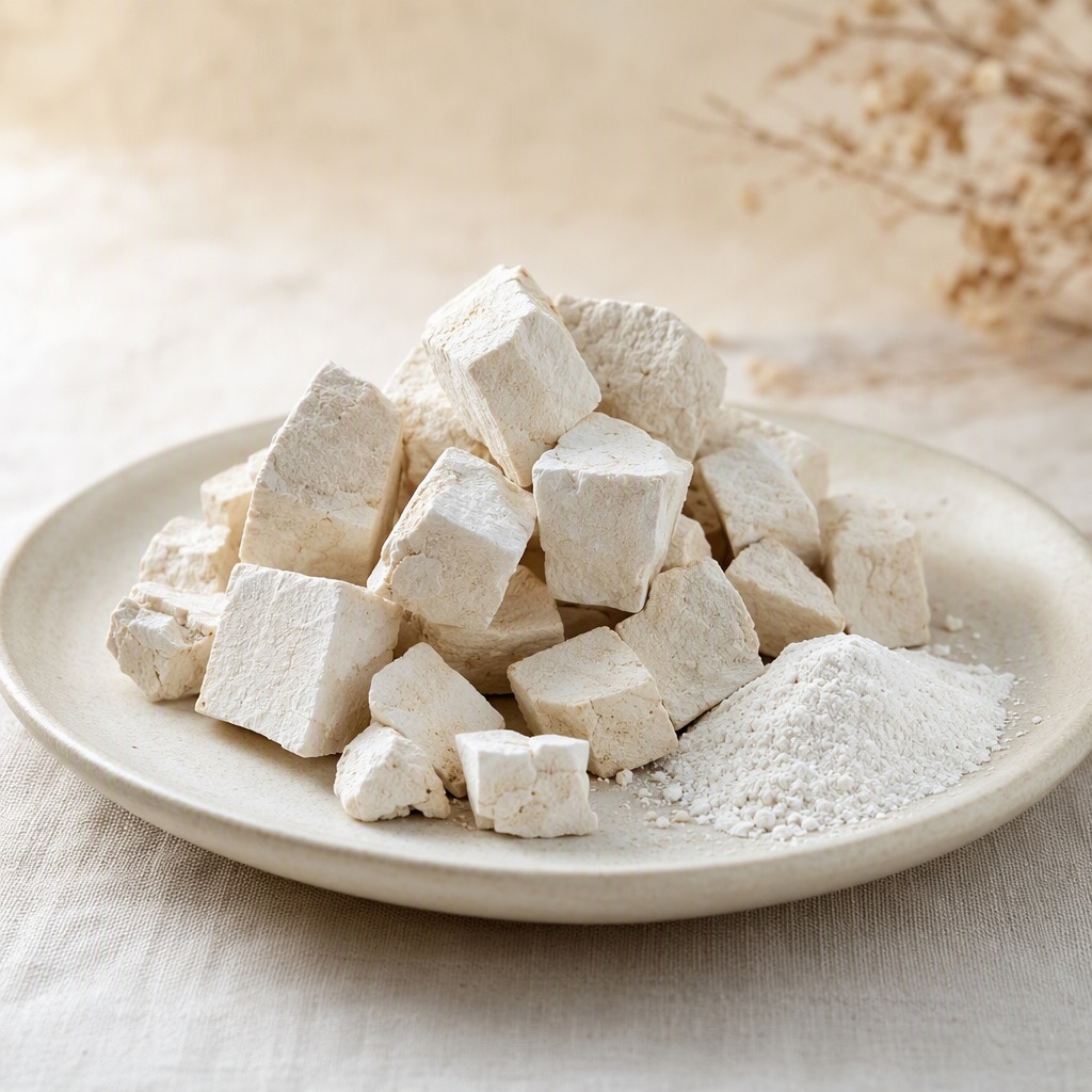 茯苓：乳白方块状菌核与少量白色粉末。