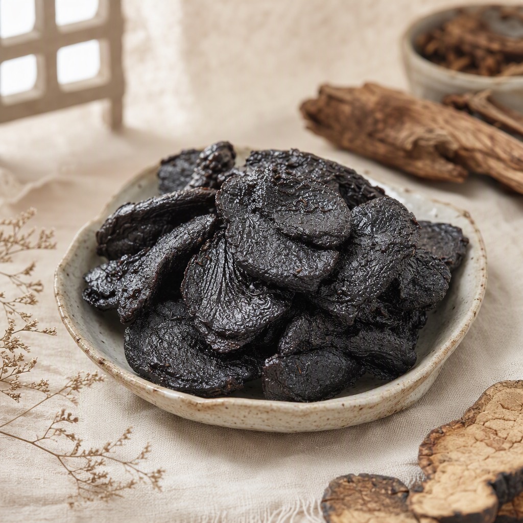 熟地：乌黑发亮的黏润切片。