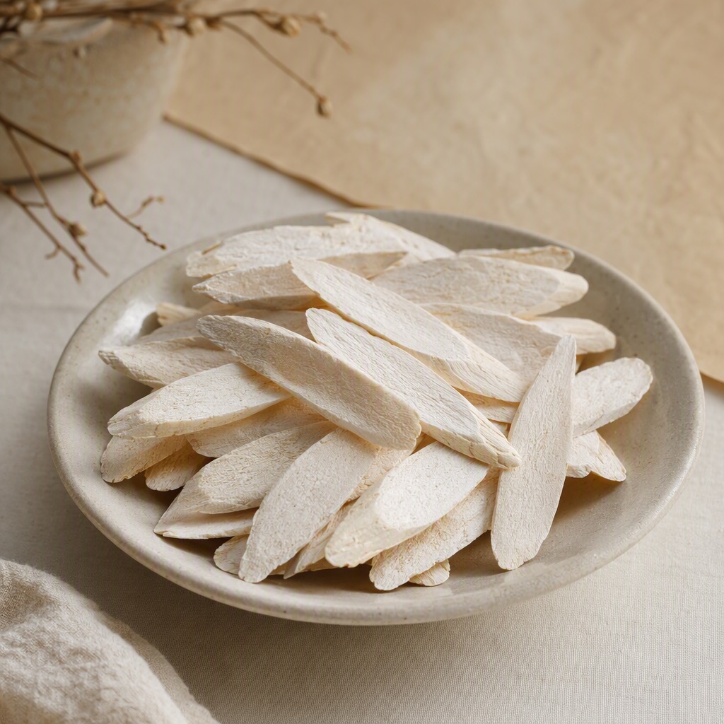 山药干片，乳白色斜切硬片，边缘微弯。