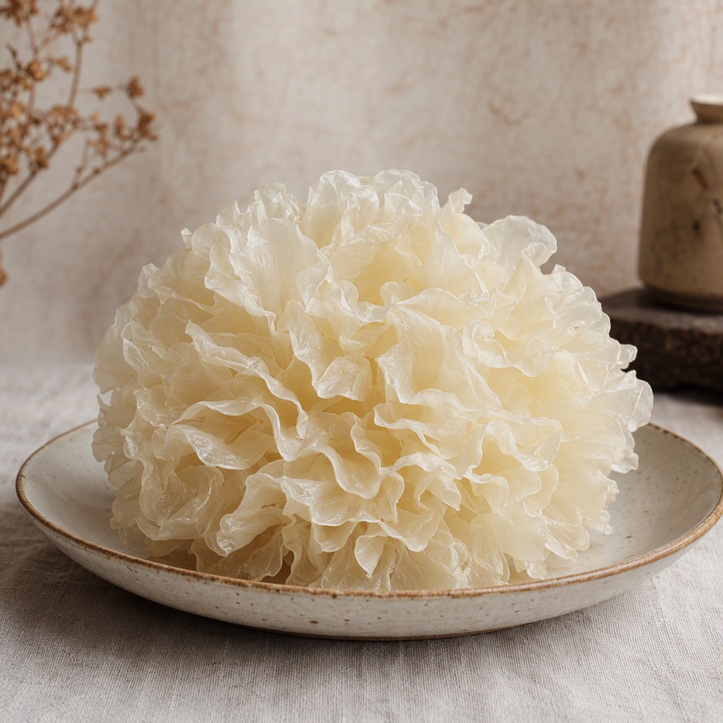 银耳：象牙白皱褶菌朵。