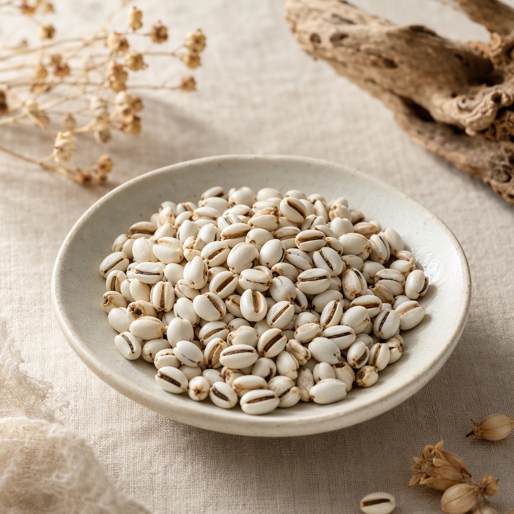 薏苡仁：乳白小颗粒，中间有深色纵沟。