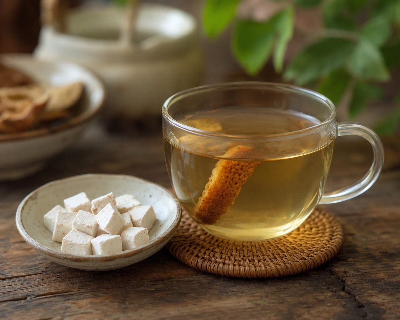 玻璃杯里浅黄的茶汤，泡着一条陈皮；旁边小碟里是茯苓方块。