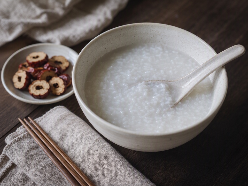 俯拍：米色陶碗里的白粥与搁在碗中的瓷勺，旁边一碟红枣切片、一双木筷和一块亚麻餐巾，深色木桌