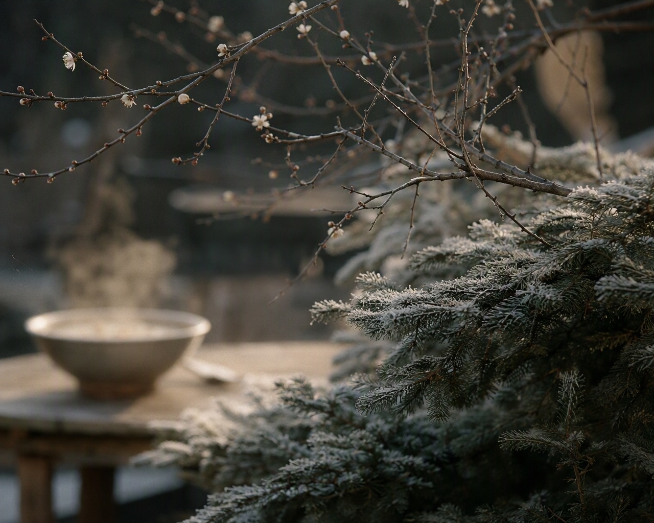 霜覆常绿枝条。